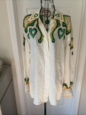 Escada White Silk Blouse with Green and Gold Heart Motif